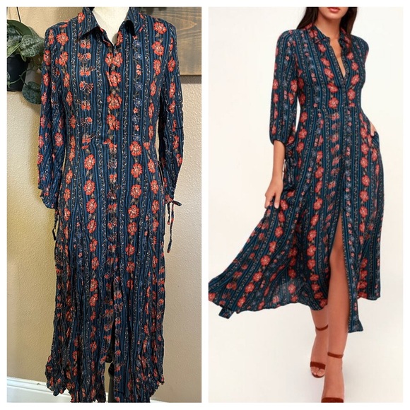Lulus Dresses & Skirts - Lulu's Blue and Orange Bishop Sleeve Sundress